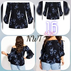 Black off shoulder ruffle sleeve blue flower top